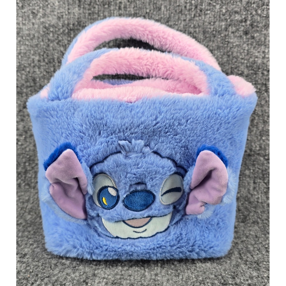 Miniso Disney Stitch Tote Bag 10x8" Blue Pink Faux Fur Lilo & Stitch Reversible